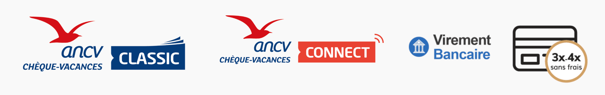 Moyens de paiement acceptés : ANCV Chèque-Vacances, ANCV Connect, Virement Bancaire, Paiement en 3x 4x sans frais